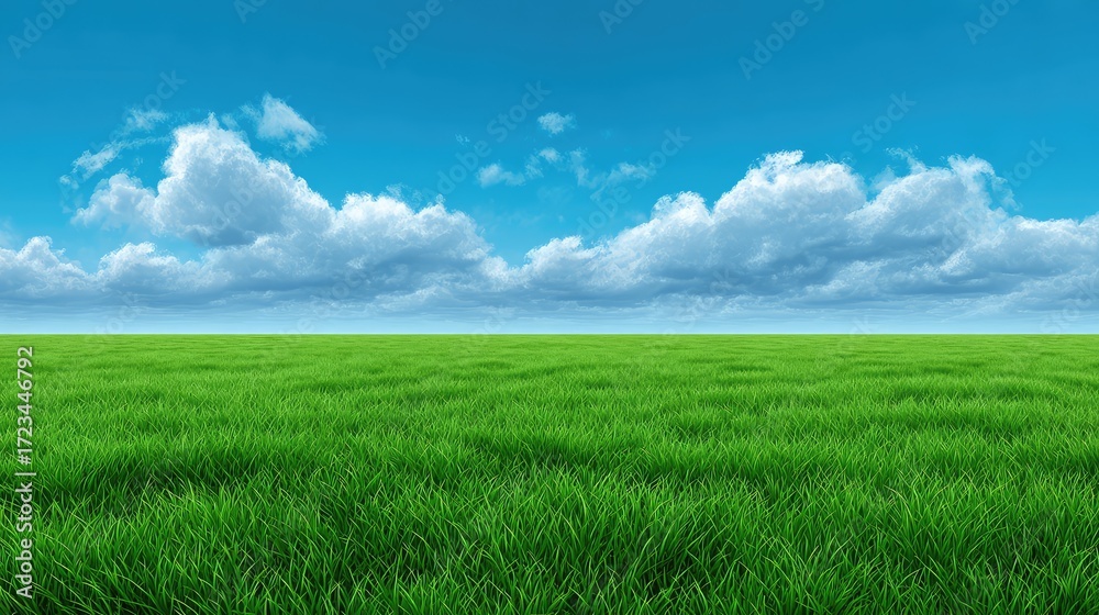 Fototapeta premium Expansive Green Field Under Bright Blue Sky with Fluffy White Clouds, Perfect for Nature, Landscape, and Outdoor Themes in Stock Photography