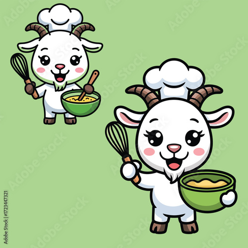 Cute goat chef with whisk and bowl cooking