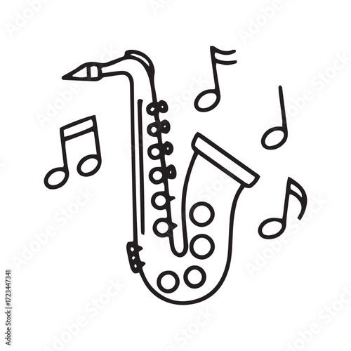 Saxophone line icon vector. Simple outline symbol for jazz and blues music. Minimalist brass instrument glyph for band, concert, and orchestra design.
