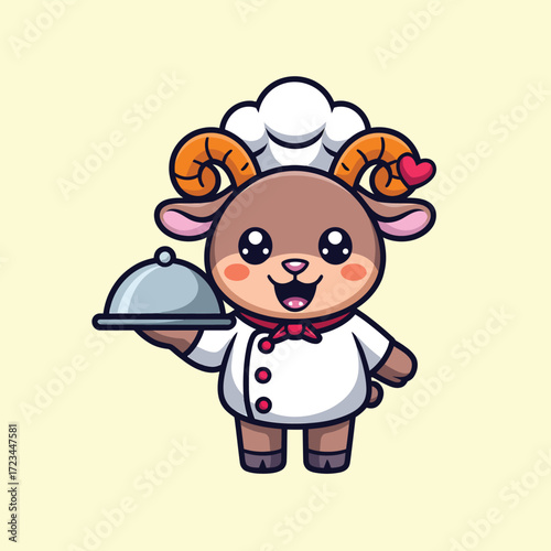 Cute ram chef holding serving dish cooking uniform