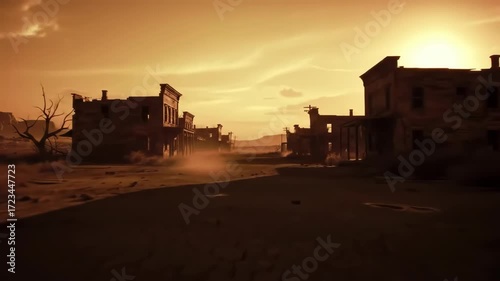 Deserted town street sunset, cracked earth, game background