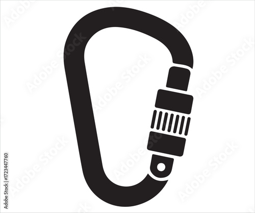 Black silhouette illustration of carabiner clip with locking mechanism, concept for climbing gear, mountaineering equipment, outdoor adventure, safety tool, hiking accessory, rope fastening and extrem