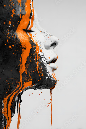 3d face design with dripping paint in orange and black theme on white background minimalist digital art