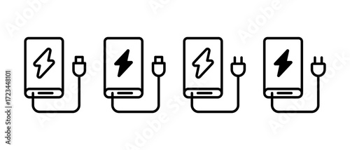 Charging icon set. Containing charge, battery, powerbank, energy, electricity symbol. Vector Illustration