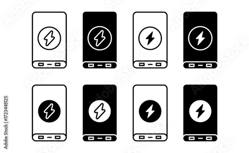 Charging icon set. Containing charge, battery, powerbank, energy, electricity symbol. Vector Illustration