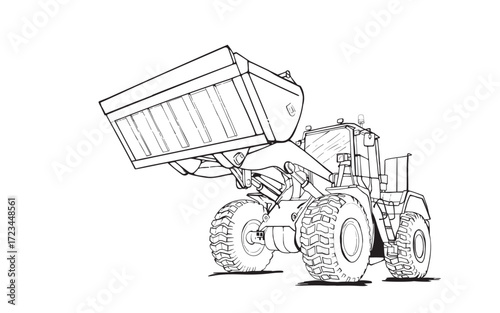 Detailed black and white outline drawing of a heavy-duty wheel loader. Ideal for construction, industrial themes, or coloring books.