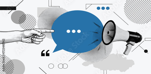 Abstract concept illustration depicting effective communication strategies, public announcements, and digital marketing outreach with a symbolic hand, speech bubble, and megaphone