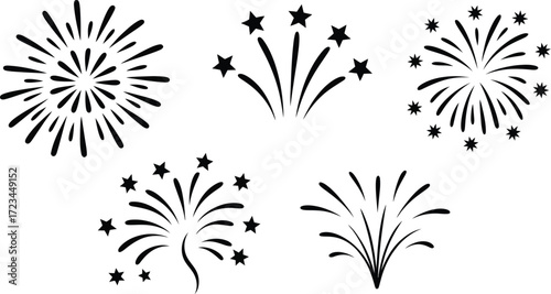 Collection of stylized fireworks bursting with celebratory energy, perfect for festive occasions.