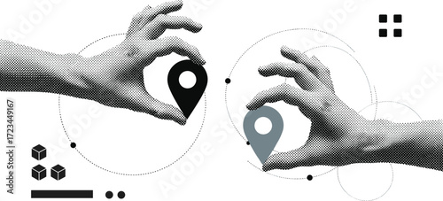 Hands connecting digital locations, symbolizing global reach and data visualization with abstract geometric elements, representing modern technology and strategic planning
