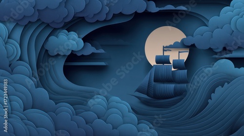 Paper cutout ship in stormy sea