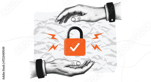 Secure Data Protection Illustration of a Lock with Checkmark and Hands on White Background