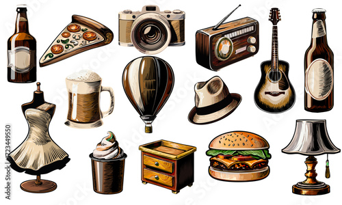 Assorted Objects Illustration: This illustration showcases a collection of diverse items, from vintage camera to a tasty pizza, embodying a vintage aesthetic.