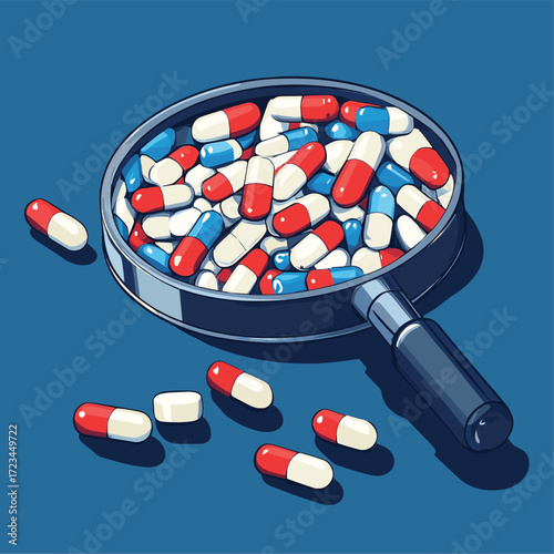 Examining medication capsules with magnifying glass healthcare concept , vector style simple color