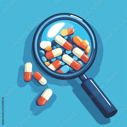 Examining medication capsules with magnifying glass healthcare concept , vector style simple color