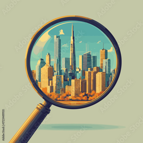 Magnifying glass viewing city skyline, Generative AI , vector style simple color
