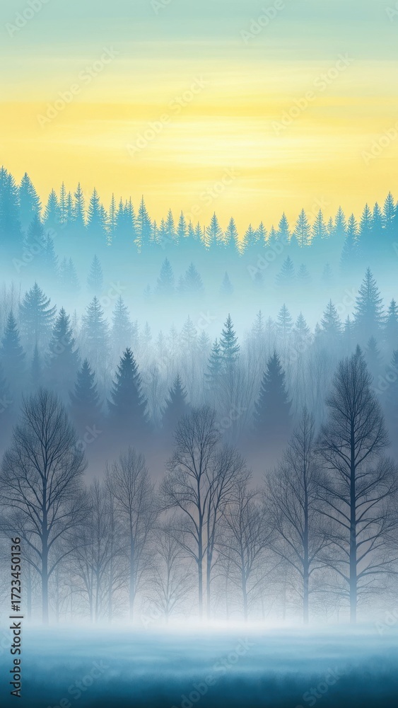 Obraz premium Misty forest landscape at sunrise with soft yellow and blue hues creating a serene and tranquil atmosphere