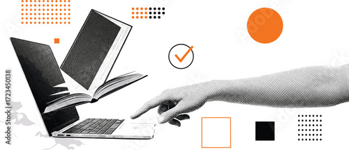 Empowering Digital Learning A hand interacts with a laptop, symbolizing the effortless access to knowledge as books digitally emerge, representing modern online education and information transfer