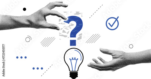 Exploring the journey from inquiry to insight hands, a question mark, and an illuminated light bulb represent the quest for solutions and innovative thinking