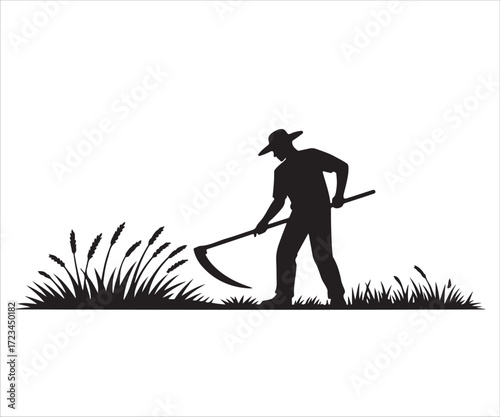 Black silhouette illustration of farmer cutting grass with scythe, concept for agriculture, rural work, harvesting, traditional farming, countryside lifestyle, manual labor, vintage tool and agricultu