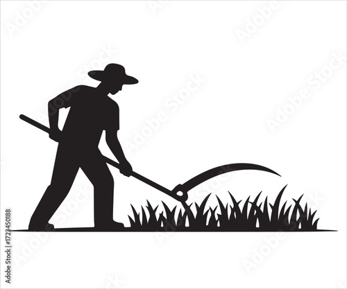 Black silhouette of farmer with scythe cutting grass symbolizing agriculture and rural work