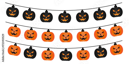 Halloween Pumpkin Garland: An artistic arrangement of carved pumpkin lanterns, illuminating the festive Halloween spirit with a blend of classic and cheerful themes. 