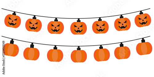 Halloween Pumpkin Lights: A festive garland of grinning pumpkin lights, suspended against a plain background, ready to cast an eerie glow for Halloween celebrations.