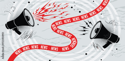 Breaking News and Information Dissemination Concept Megaphones Spreading the Word with a Dynamic Red 'NEWS' Ribbon
