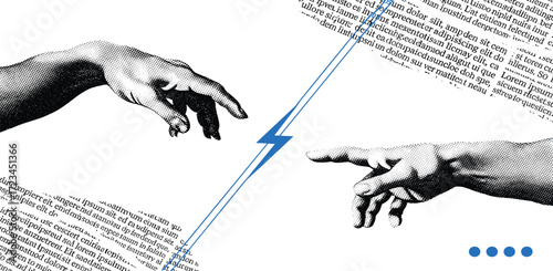 Reaching Hands with Newspaper Background and Energy Bolt Connection