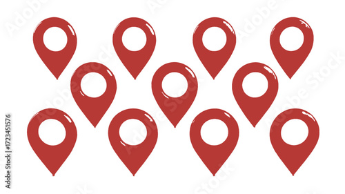 A collection of red location pin icons arranged in a grid pattern on a white background representing navigation and mapping silhouette