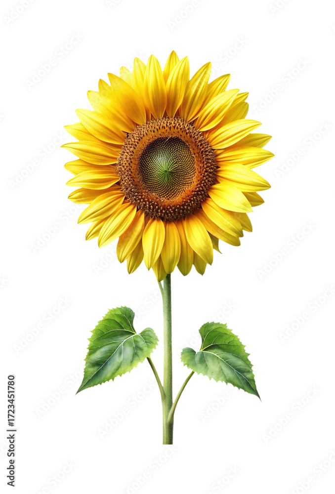 Fototapeta premium Radiant Sunflower Blossom with Lush Green Leaves on a White Backdrop
