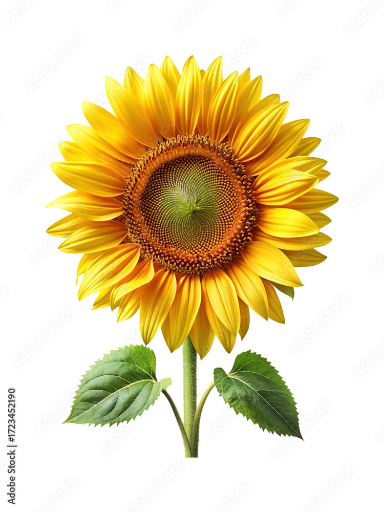 Fototapeta premium Vibrant yellow sunflower with green leaves on a white background isolated