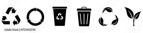 Recycling symbol and eco icons set. Recycle icons with circle arrows, trash bins, leaf loop and plant sprout vector set. recycle, leaf, eco, reduce, recycled, garbage, vector illustration