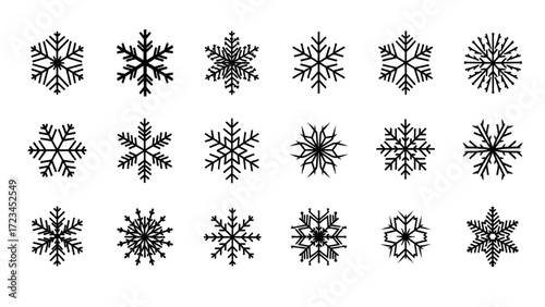 Black silhouette 18 snowflake icon set – winter frozen crystal vector collection