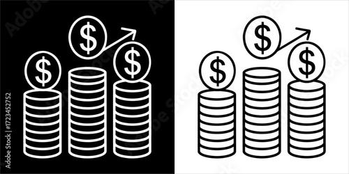 Stacks of coins with dollar signs, showing growth with an upward arrow, on black and white backgrounds.