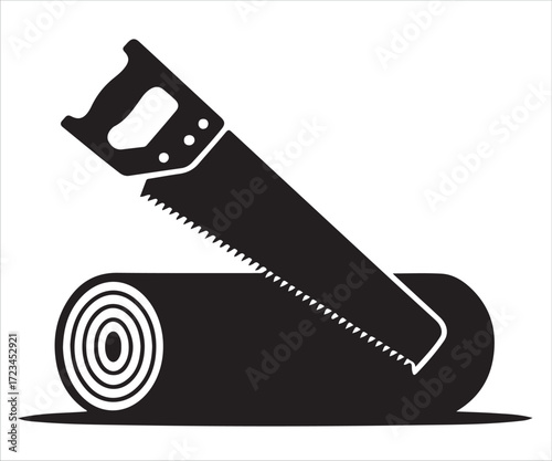 Black silhouette of hand saw cutting wooden log icon for carpentry and woodworking
