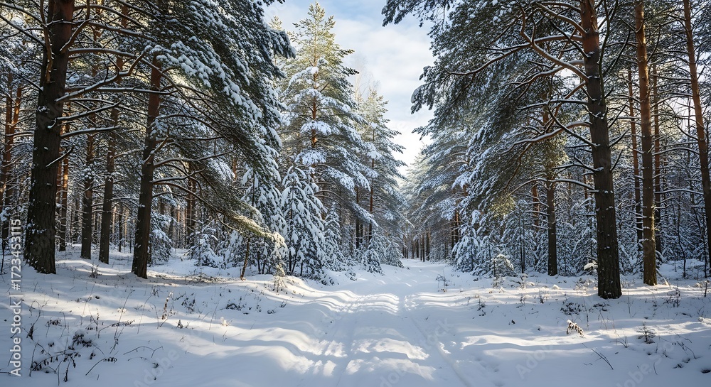 Fototapeta premium Sunlight filters through snow covered pine trees lining a winter forest path