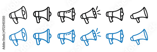 A row of black and blue megaphone icons, some with sound waves, isolated on a white background
