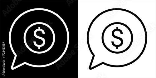 Two speech bubbles, one on black and one on white, each containing a dollar sign coin.