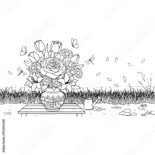 A beautiful and detailed line art drawing of a bouquet of flowers in a decorative vase, set on a rustic wooden tray with butterflies and dragonflies flying around in a peaceful garden scene.