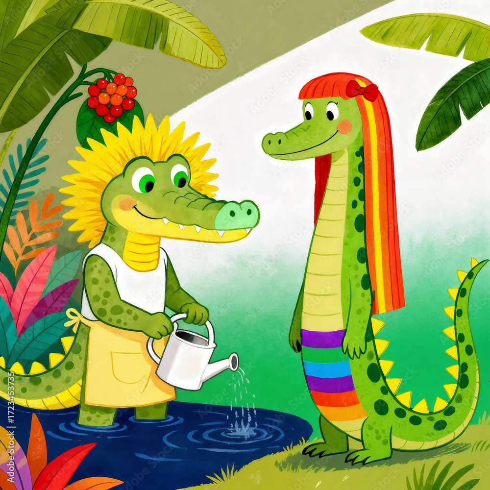 Fototapeta premium Rainbow-Haired Croc and Her Friend Rainbow and Sunshine Crocs