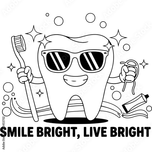 Fun and cheerful cartoon illustration of a happy, clean tooth character wearing sunglasses, holding a toothbrush and toothpaste, promoting dental health, hygiene, and a bright, confident smile.