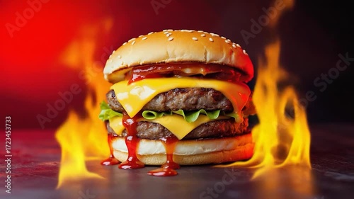 A double cheeseburger in flames