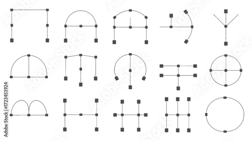 Collection of abstract geometric shapes and diagrams composed of lines and dots in a minimalist silhouette style