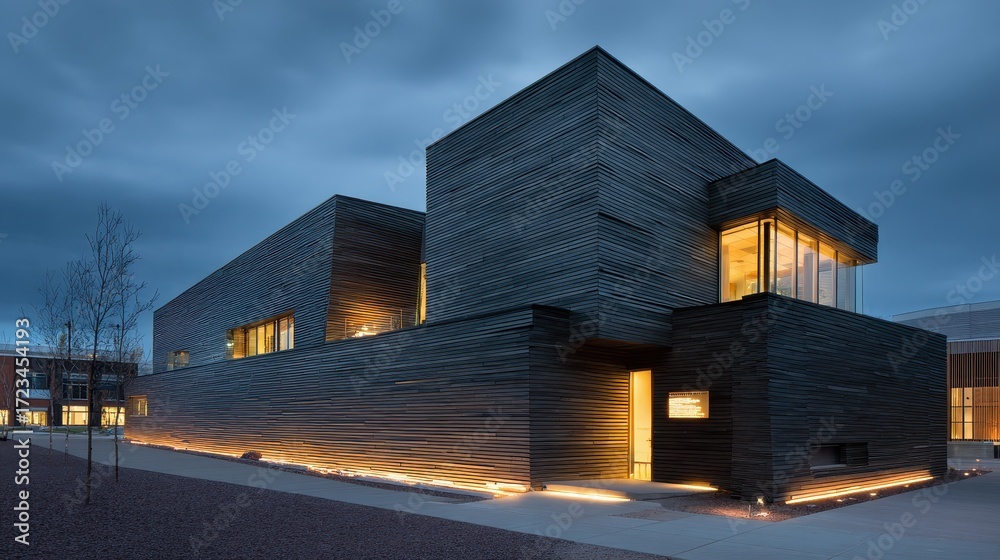 Obraz premium Modern Architectural Design of a Unique Building at Dusk