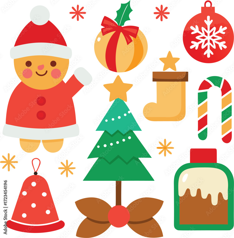 Fototapeta premium Vector art of a collection of festive christmas icons including a gingerbread man, christmas tree, bauble, stocking, candy cane, and gift, all isolated on a, perfect for holiday designs