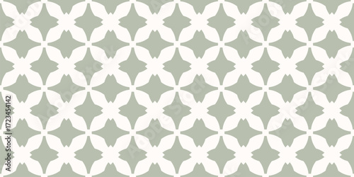 Geometric seamless pattern. Abstract vector sage green and white ornament texture with cross shapes, tiles, grid, lattice. Simple elegant background in gothic style with medieval motif. Repeat design