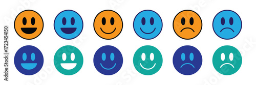 A collection of colorful smiley and sad face emojis in two rows, isolated on a white background