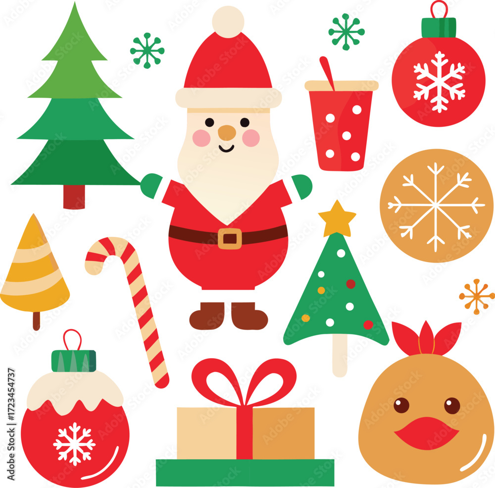 Obraz premium Vector art of whimsical arrangement of christmas characters and symbols including santa claus, festive trees, gift box, ornaments, candy cane, and a cup