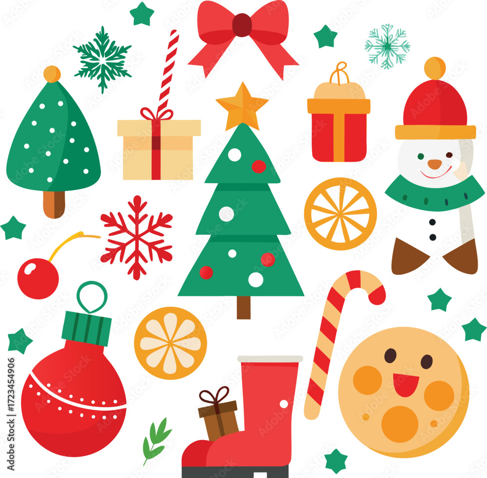 Fototapeta premium Vector art of a festive collection of christmas elements including a snowman, christmas trees, ornaments, gifts, snowflakes, and candy canes, all isolated on a