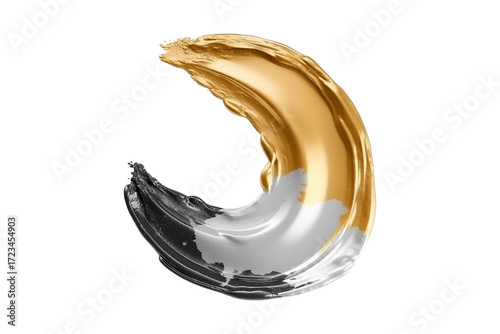 Crescent Shaped, Glossy Gold Golden Silver and Black Brush Stroke. Isolated on White Background and Transparent PNG.